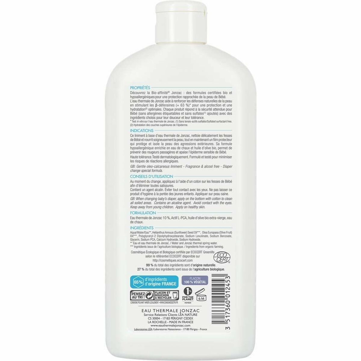 Intensief vochtinbrengende Crème Bebe Bio Eau Thermale Jonzac (500 ml)
