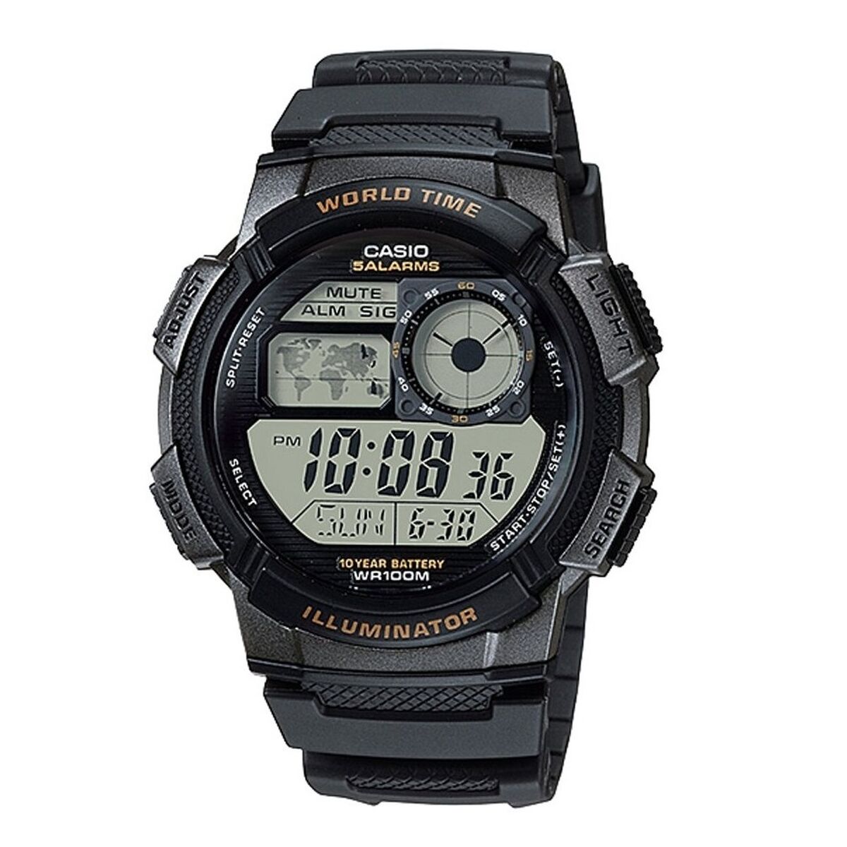 Horloge Uniseks Casio WORLD TIME ILLUMINATOR - 5 ALARMS. 10 YEAR BATTERY Zwart Grijs (Ø 48 mm)