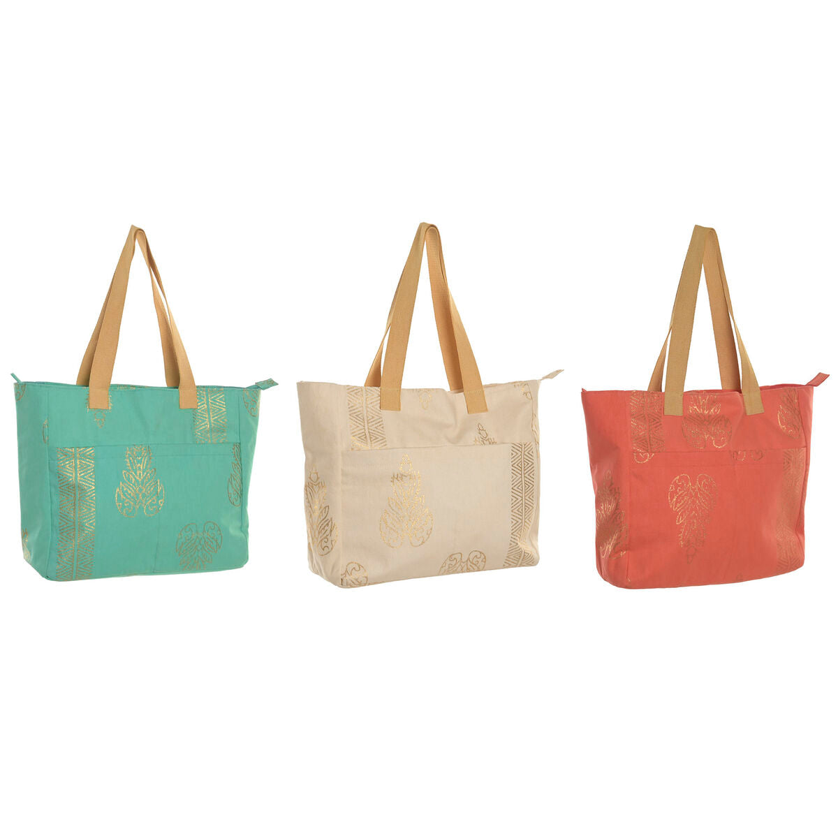 Handtas Dames Home ESPRIT Groen Beige Gouden Koraal 55 x 14 x 35 cm (3 Stuks) - Bagage, Tassen - Home ESPRIT