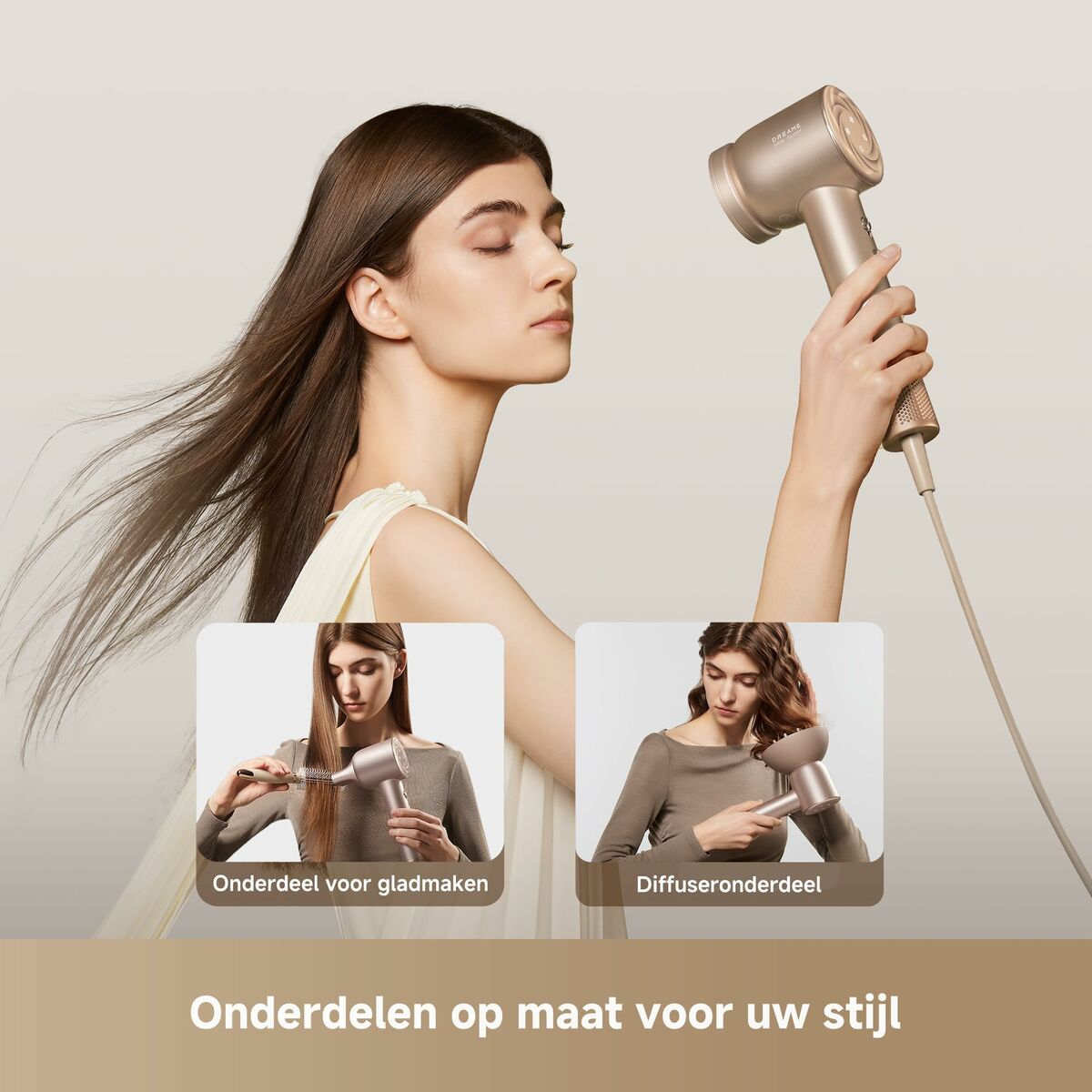 Dreame Föhn Glory Mix 1600W Ionisch, 3 Magnetische Nozzles, Goudkleurig - Schoonheid, Haarverzorging - Dreame
