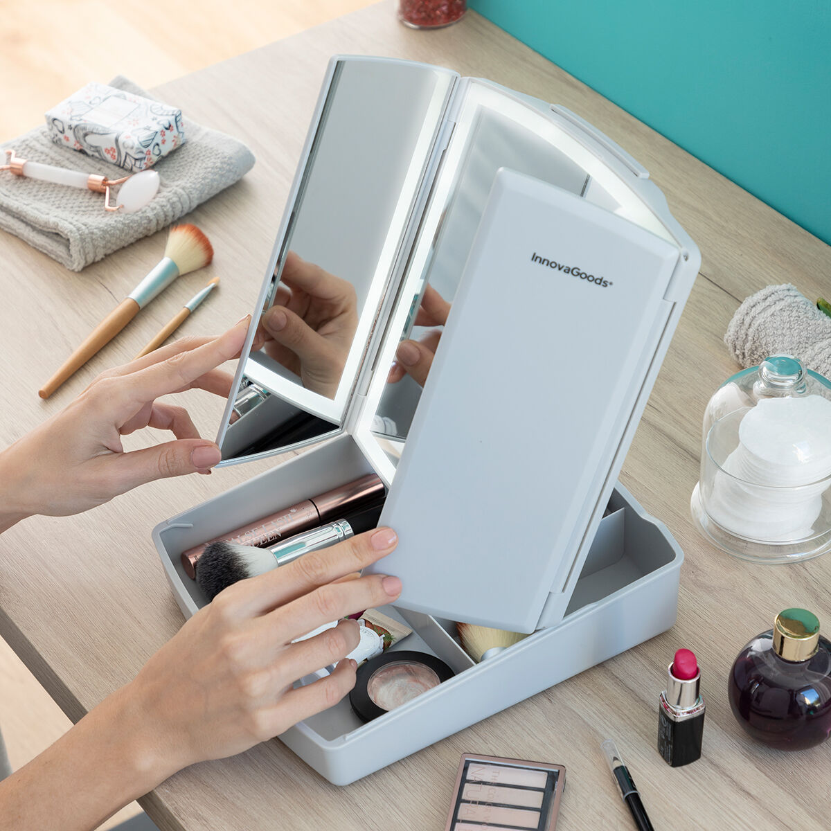 3 - in - 1 Opvouwbare Ledspiegel met Make - uporganizer Panomir InnovaGoods - Schoonheid, Gebruiksvoorwerpen en accessoires - InnovaGoods