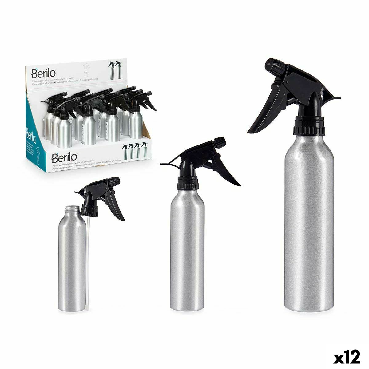 Verstuiverfles Berilo Zwart Zilverkleurig Aluminium Polypropyleen 300 ml (12 Stuks) - Schoonheid, Gebruiksvoorwerpen en accessoires - Berilo