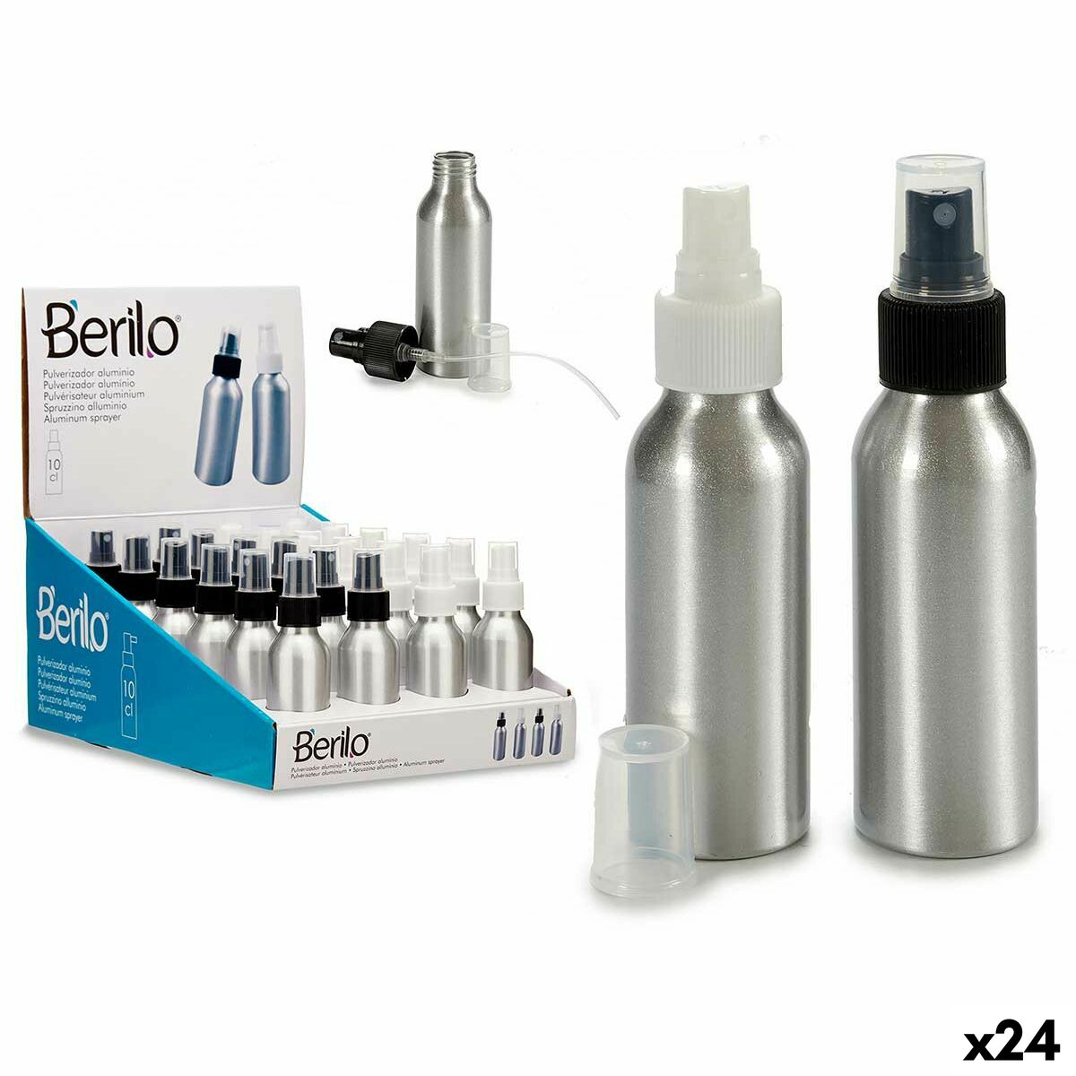 Verstuiverfles Berilo Wit Zwart Transparant Zilverkleurig Aluminium Polypropyleen 100 ml (24 Stuks) - Schoonheid, Gebruiksvoorwerpen en accessoires - Berilo